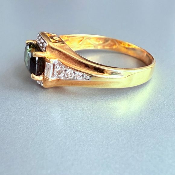 Estate 18K Solid Yellow Gold 1.42 CT Natural Blue Green Tourmaline Diamond Ring - Picture 4 of 12